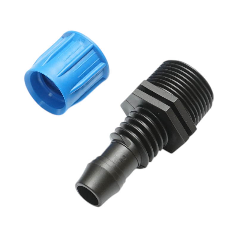 Connettore per tubo di irrigazione a goccia con filettatura esterna da 16 mm x 3/4 di pollice per sistemi di irrigazione.