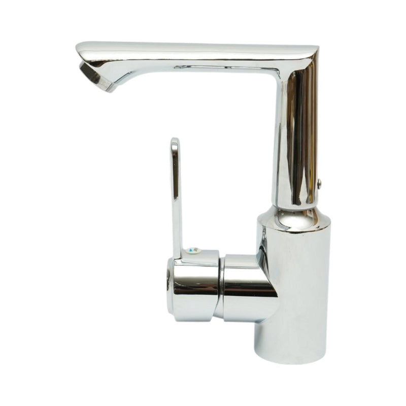 Miscelatore lavabo bagno di forma rotonda, monocomando, finitura cromo lucido, acciaio inox, flessibili inclusi