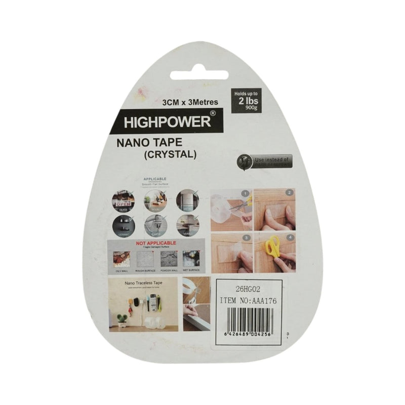 Nastro biadesivo nano trasparente Crystal HighPower, riutilizzabile, 30 mm x 3 m