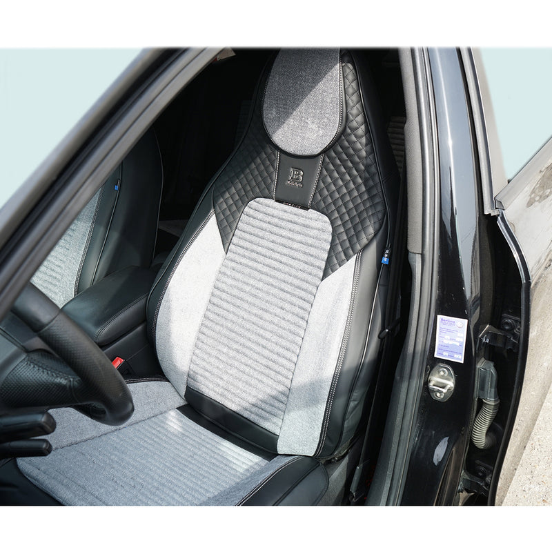 Set coprisedili universali premium nero-grigio per auto, design ergonomico sportivo, pelle ecologica con inserti tessili, 11 pezzi