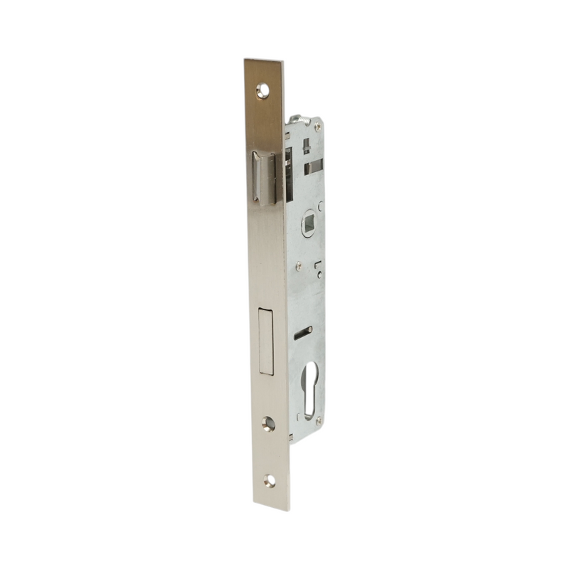 Serratura da infilare con scrocco, 43x174 mm; frontale 23x240 mm; finitura nichel satinato; viti incluse.
