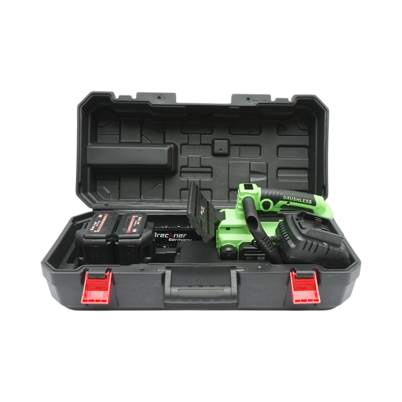 Motosega elettrica professionale con due batterie agli ioni di litio da 20 V e 4 Ah, motore brushless, display digitale a LED e barra da 12 pollici (300 mm). Breckner Germany