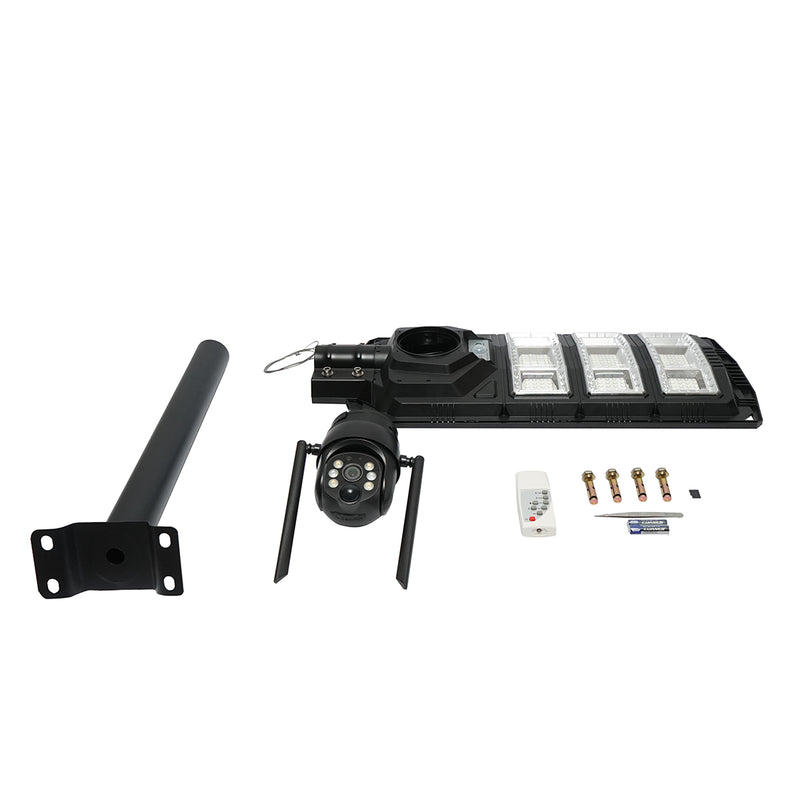 Lampada solare LED 450W con telecamera di sorveglianza AI 4 MP, WIFI, SIM 4G, pannello solare 24W, batteria LifePo4 18Ah, rotazione 360°, visione notturna, rilevamento umano e applicazione V380 Pro