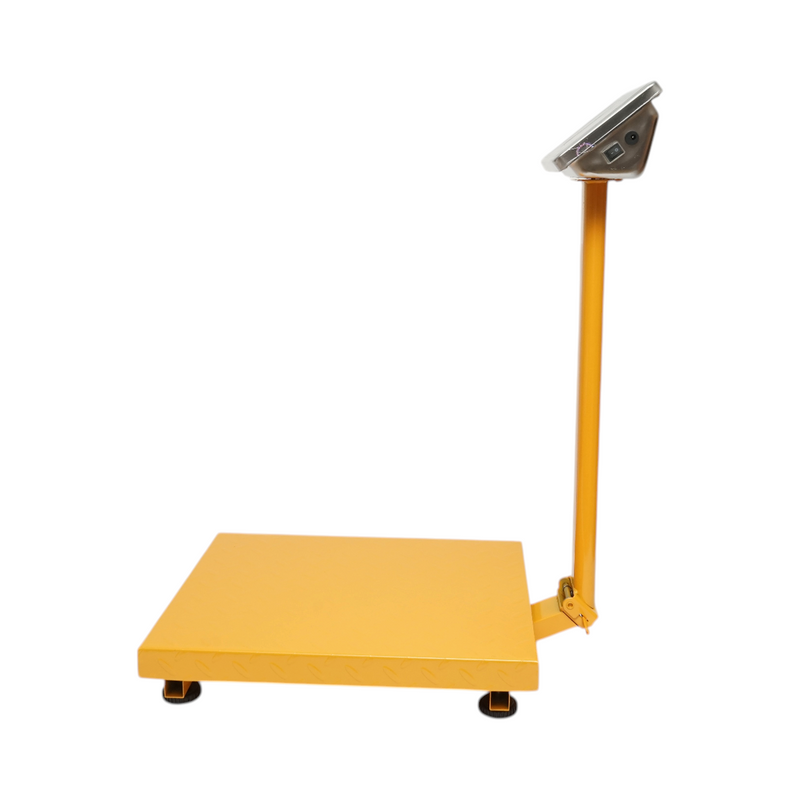Bilancia elettronica a piattaforma, portata 350 kg, 500x400 mm, con colonna ripiegabile e display LCD.