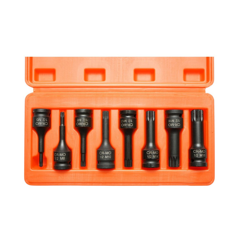 Set di 8 bussole a inserto Spline lunghe per avvitatori a impulsi, attacco da 1/2" (M5–M18) Breckner Germany