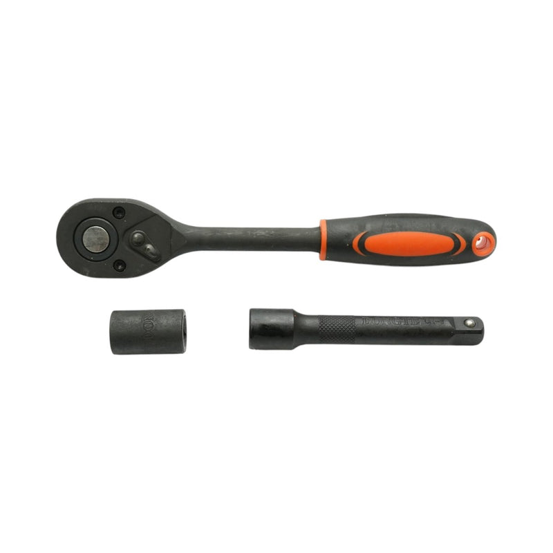 Set di 12 bussole con attacco da 1/2" (10–24 mm), completo di prolunga da 125 mm e chiave a cricchetto; in acciaio al cromo-vanadio (Cr-V). Breckner Germany
