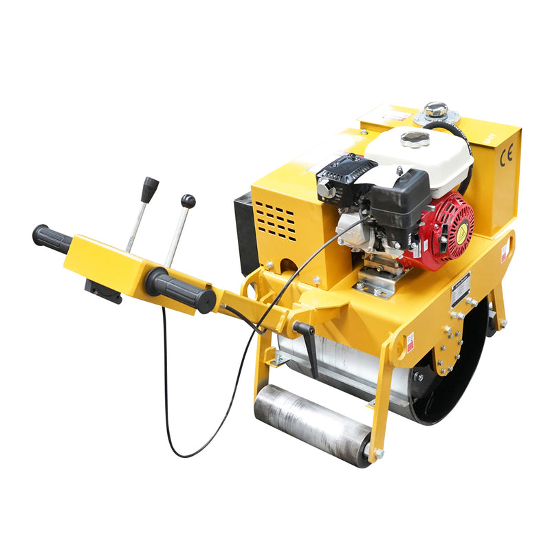 Rullo compattatore da 200 kg con tamburi da 450 mm e motore a benzina Honda GX160 da 5,5 CV, avviamento manuale.