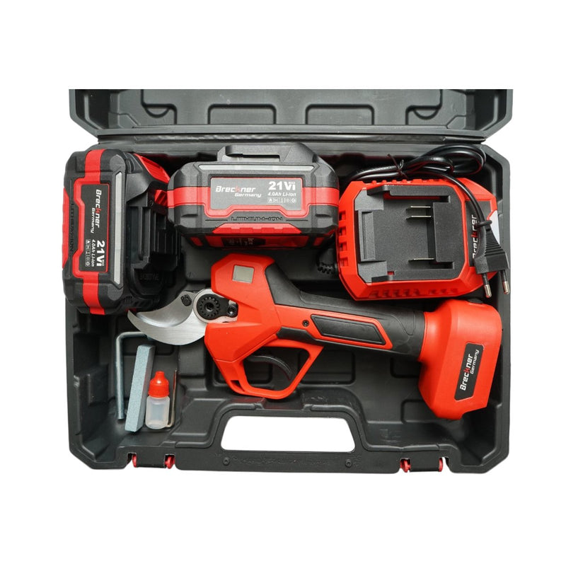 Forbici da potatura elettriche da 500 W con due batterie agli ioni di litio da 21 V e 4 Ah, motore brushless, display digitale e diametro di taglio massimo di 40 mm. Breckner Germany