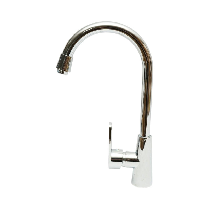 Miscelatore monocomando per lavello cucina con bocca alta girevole a forma di U, finitura cromata lucida, acciaio inox, flessibili inclusi.