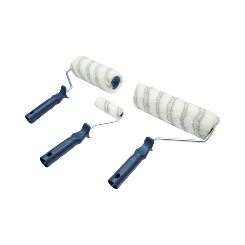 Set di 3 rulli per verniciatura in poliestere (10 cm, 18 cm, 25 cm), manico in PP, vaschetta/griglia per vernice in plastica. Breckner Germany
