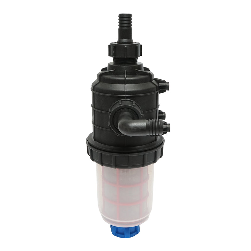 Filtro trasparente per irroratrice con doppia rete e valvola autopulente, attacco da 25 mm.
