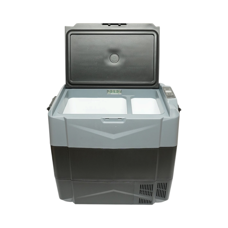 Frigorifero per auto 55L con compressore 12V-24V-220V, 60W, display LCD, doppia zona di raffreddamento, USB 630x390x590mm