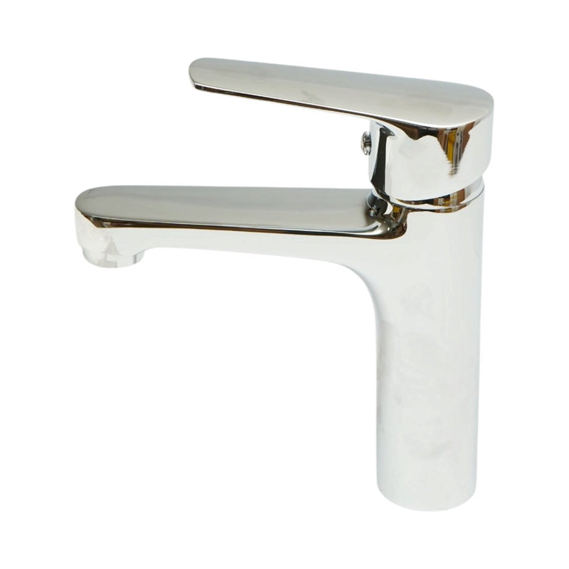 Rubinetto di alta qualità in rame per lavabo da bagno, design rotondo, monocomando, finitura cromata lucida, flessibili inclusi.