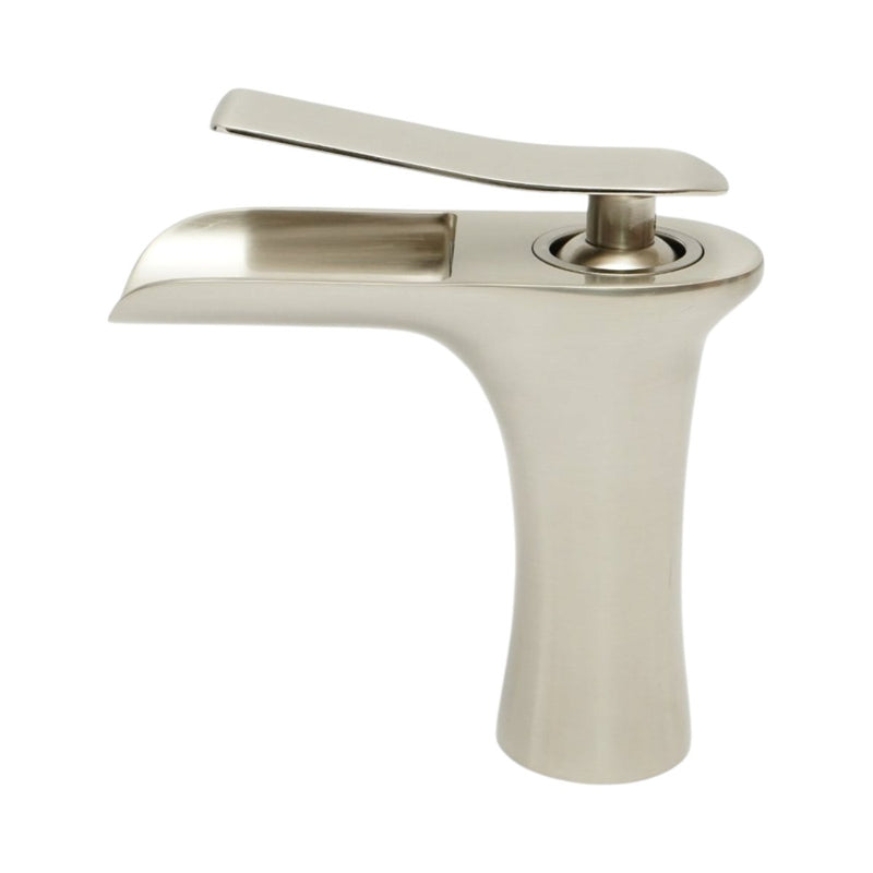 Rubinetto di alta qualità in rame per lavabo da bagno, bocca a cascata, design rotondo, monocomando, finitura argento satinato, flessibili inclusi.