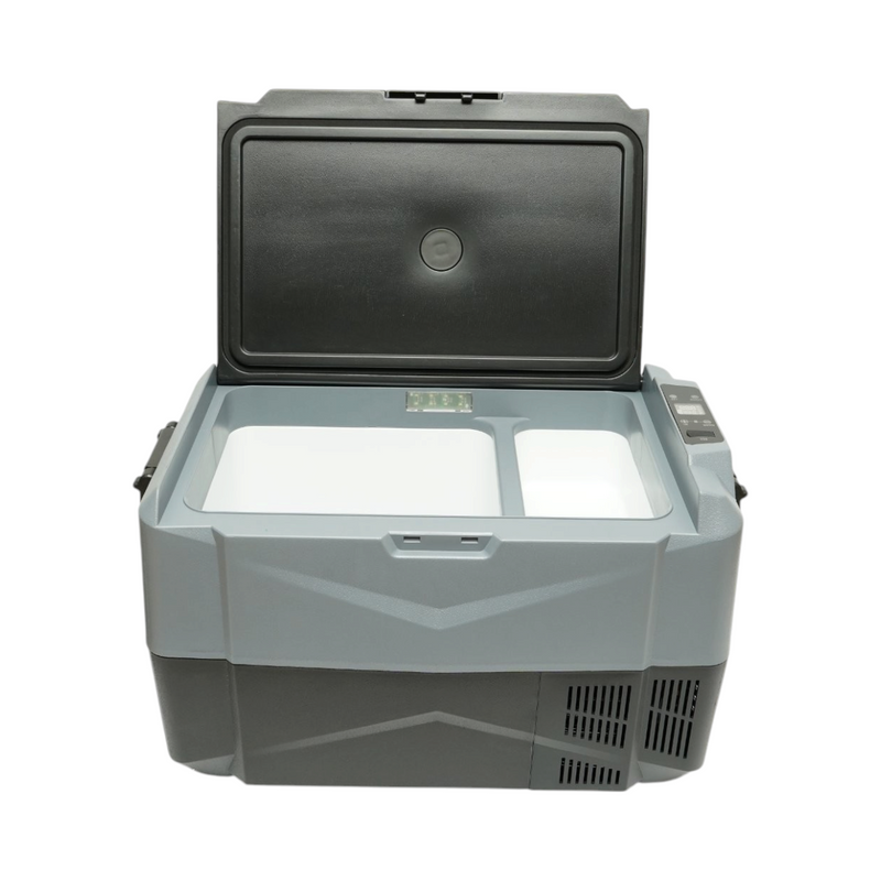 Frigorifero per auto 35L con compressore 12V-24V-220V, 60W, display LCD, doppia zona di raffreddamento, USB 630x390x390mm