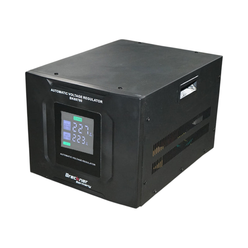 Stabilizzatore di tensione automatico da 10 kVA, 8000 W, 140–250 VAC; monofase a relè, con bypass, connessione a morsettiera e display LCD. Breckner Germany