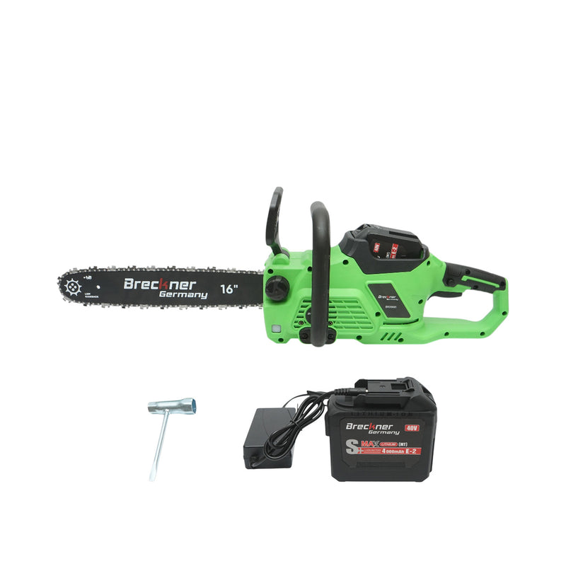 Motosega elettrica professionale con due batterie agli ioni di litio da 40 V e 4 Ah, display digitale a LED e barra da 16 pollici (400 mm). Breckner Germany