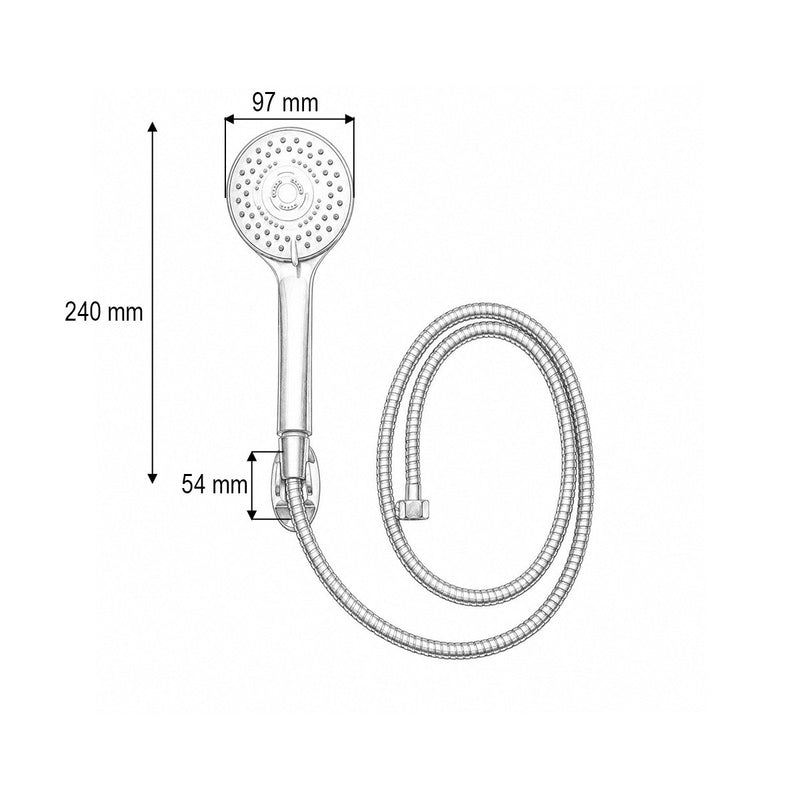 Set doccetta con flessibile zincato da 1,5 m, supporto a parete, 5 funzioni, finitura cromo lucido, materiale plastico, 97x240 mm