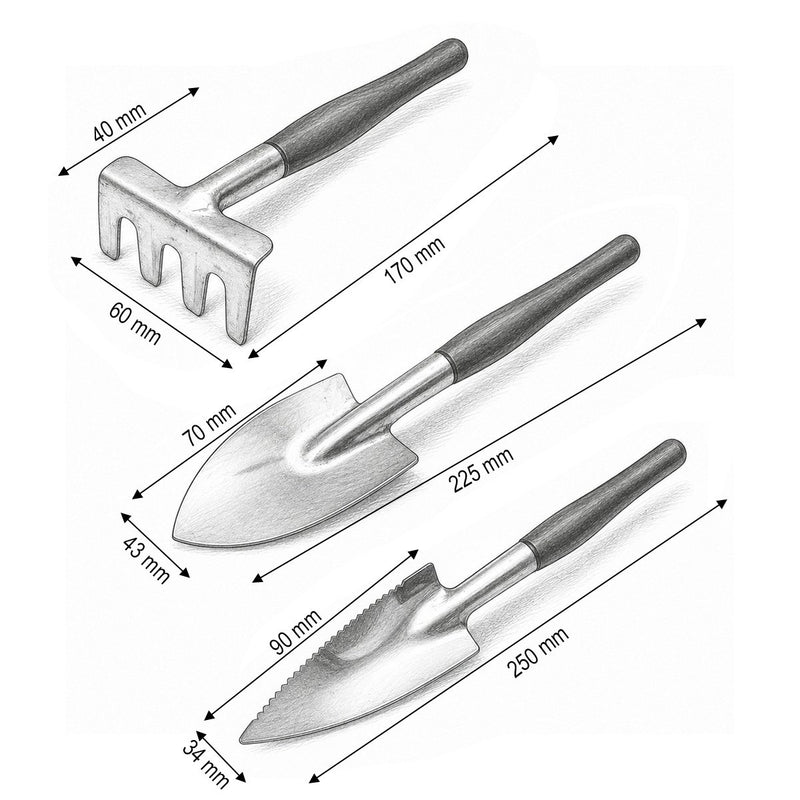 Set di 3 attrezzi da giardinaggio composto da trapiantatore, coltivatore e rastrello, con manici in metallo. Breckner Germany