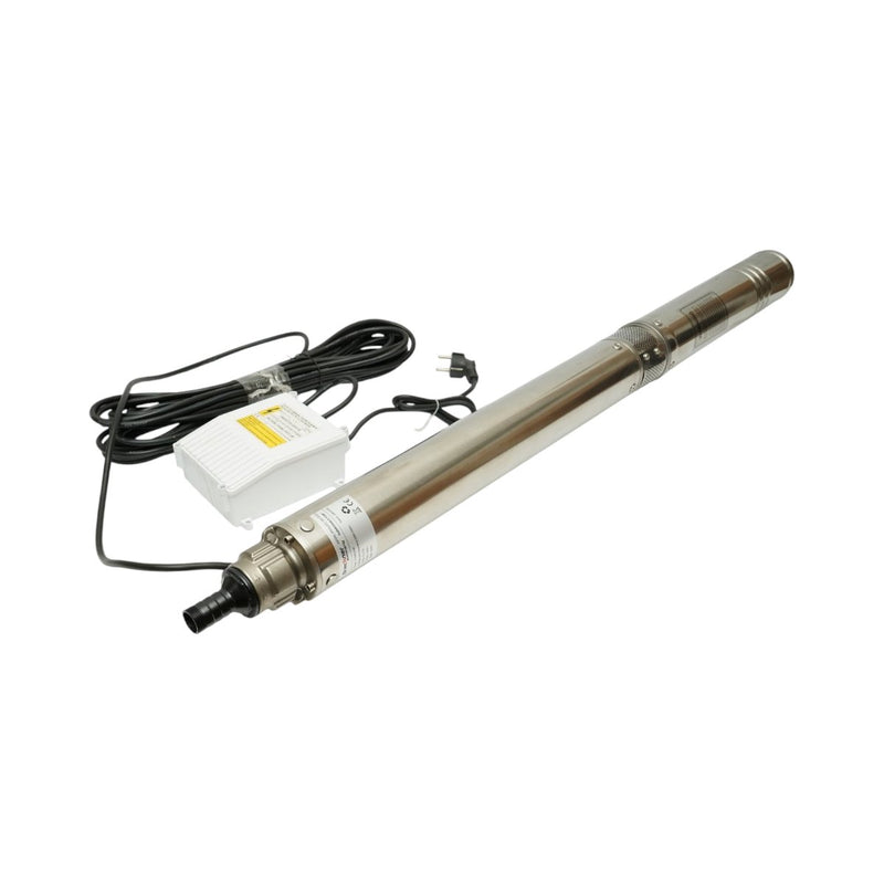 Pompa sommersa per acqua in acciaio inox, 2,2 kW, 220 V, Ø100 mm, portata 6 m³/h, prevalenza 105 m, 15 giranti in ceramica, raffreddamento a olio, quadro di controllo K90QJD2-105/15-2.2 Breckner Germany