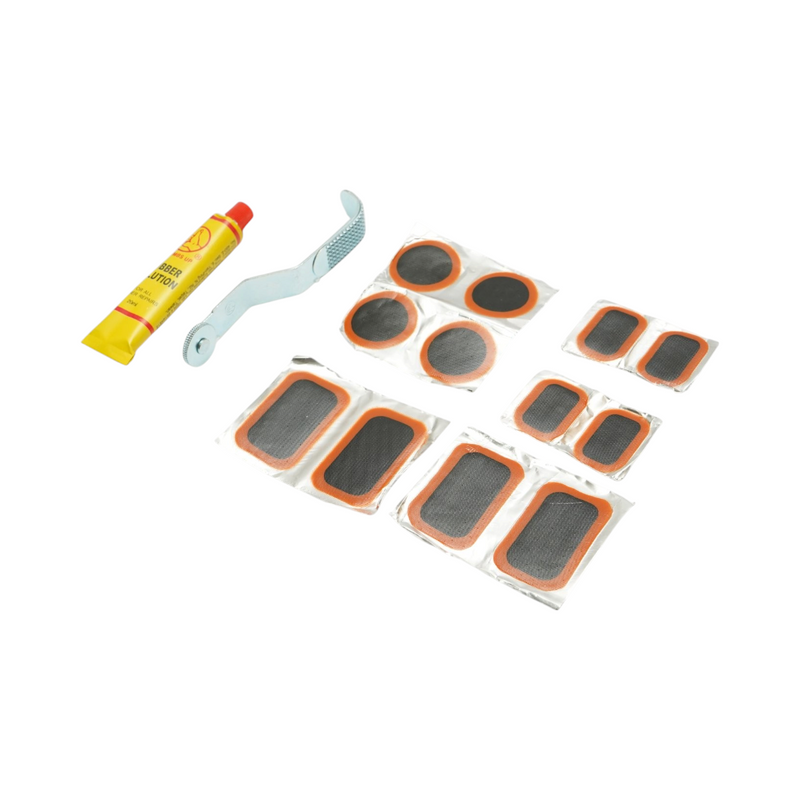 Set di 12 toppe di vulcanizzazione per pneumatici e camere d'aria (25x35 mm, 35 mm, 32x52 mm) + rullo pressore + 1 tubetto di adesivo (20 ml)
