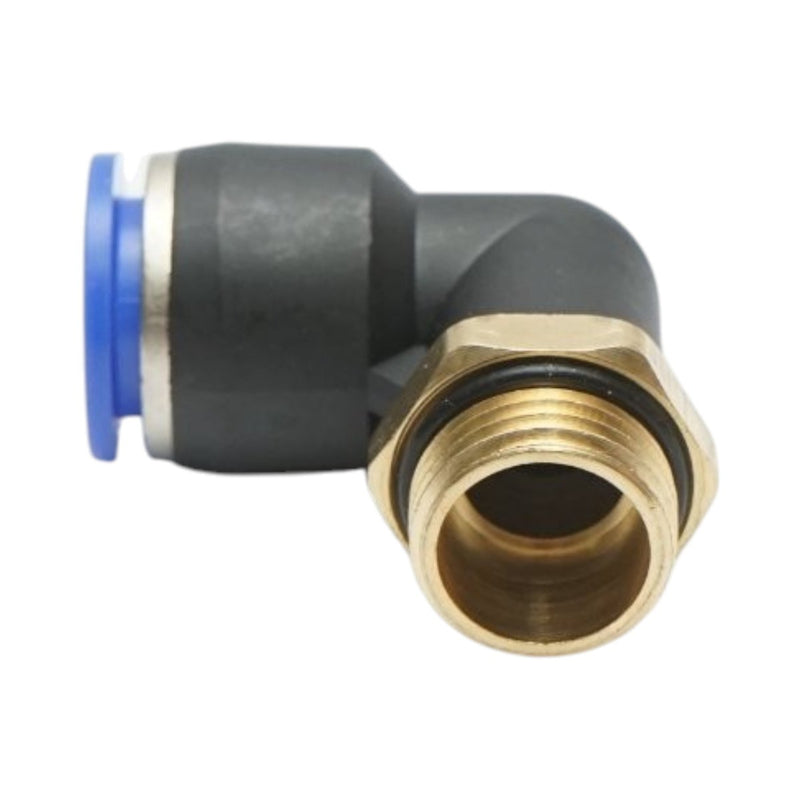 Raccordo a gomito a innesto rapido in plastica da 12 mm con filetto maschio in ottone M16
