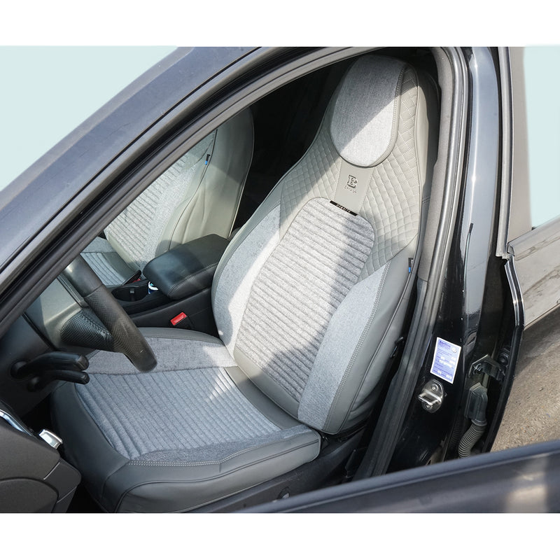 Set coprisedili auto universali premium grigio crema, design ergonomico sportivo, pelle ecologica con inserti tessili, 11 pezzi
