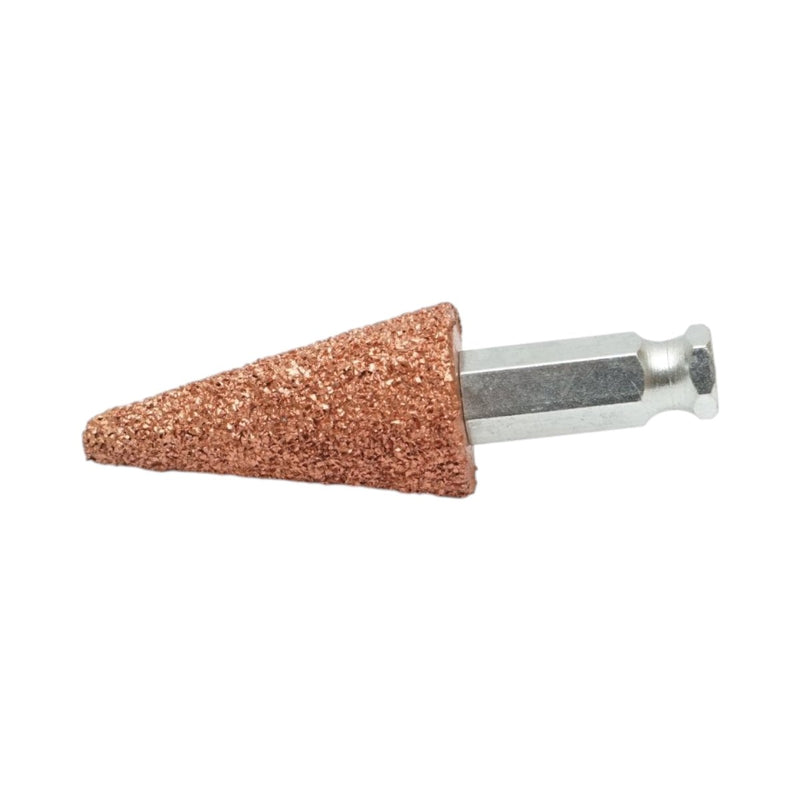 Pietra abrasiva conica per la rettifica degli pneumatici, 25 × 50 mm, grana K36, gambo esagonale da 3/8 di pollice.