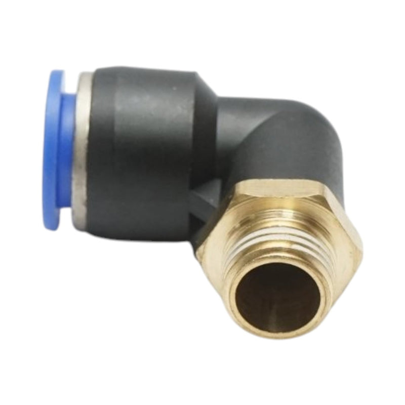 Raccordo a gomito a innesto rapido in plastica da 12 mm con filetto maschio in ottone da 1/4"