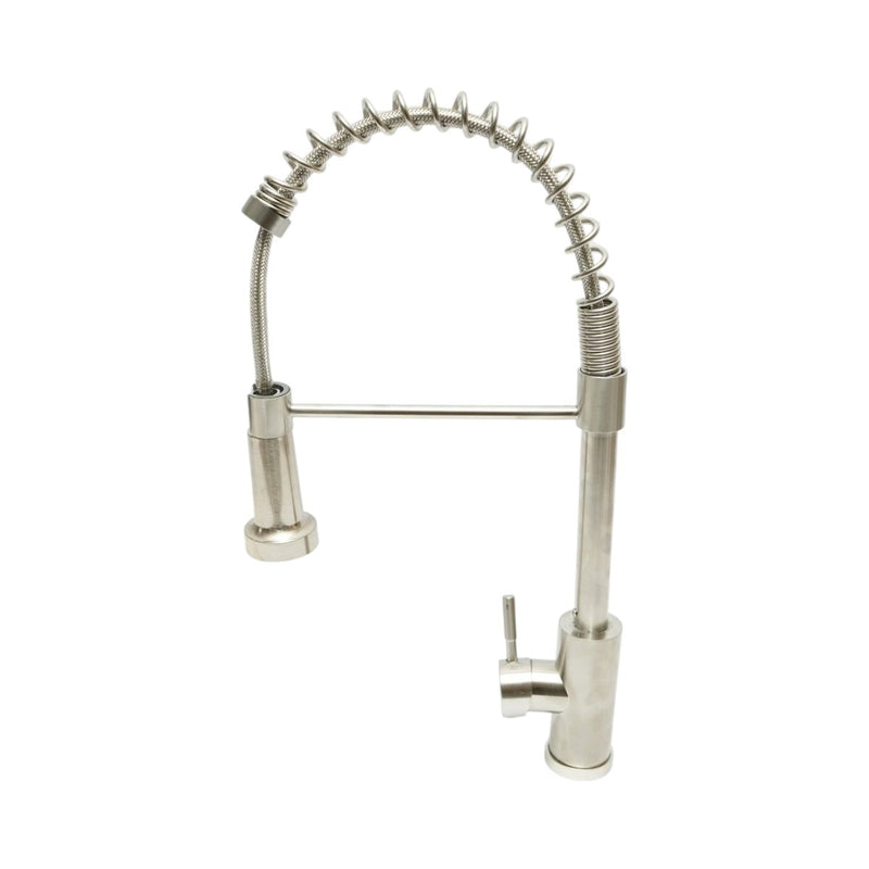 Rubinetto per lavello cucina con doccetta estraibile, molla flessibile, aeratore a due funzioni, finitura in acciaio inox satinato, lega di zinco, tubi di collegamento inclusi.