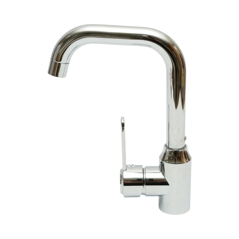Miscelatore monocomando per lavello cucina con bocca girevole a U, finitura cromata lucida, acciaio inox, flessibili inclusi