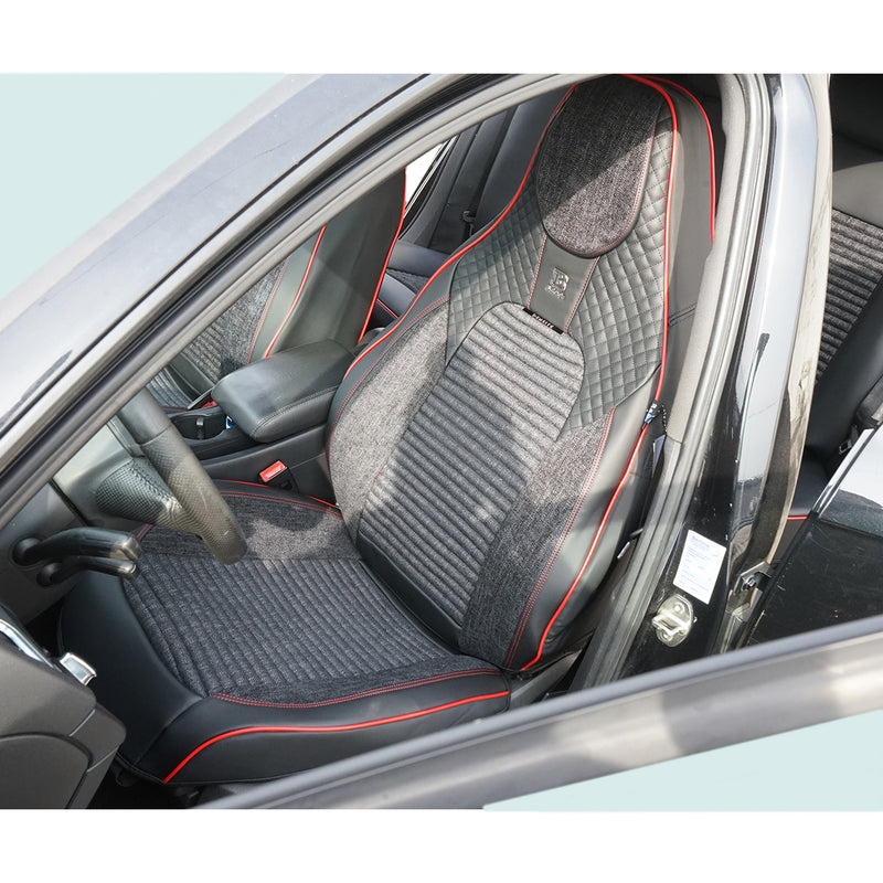 Set coprisedili auto universali premium nero-rosso, design ergonomico sportivo, pelle ecologica con inserti tessili, 11 pezzi