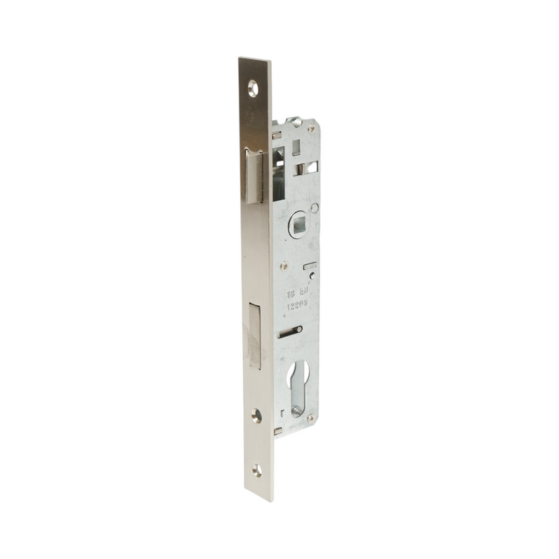Serratura da infilare con scrocco, scatola 38x174 mm, frontale 23x240 mm, finitura nichel satinato, viti incluse.