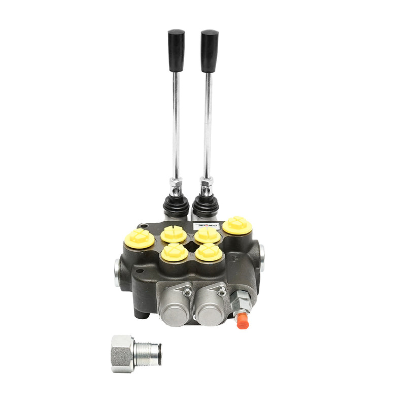 Distributore idraulico a 2 leve, portata 80 L/min, con leve e riduttori inclusi, -15 / +80. Breckner Germany
