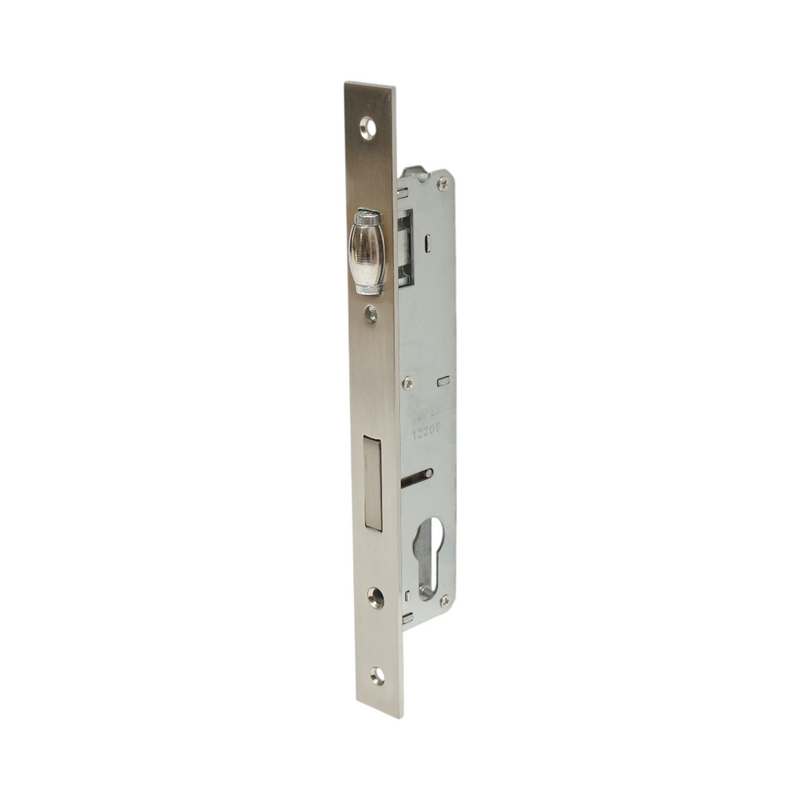 Serratura da infilare con scrocco a rullo, scatola 38x174 mm, frontale 23x240 mm, finitura nichel satinato, viti incluse