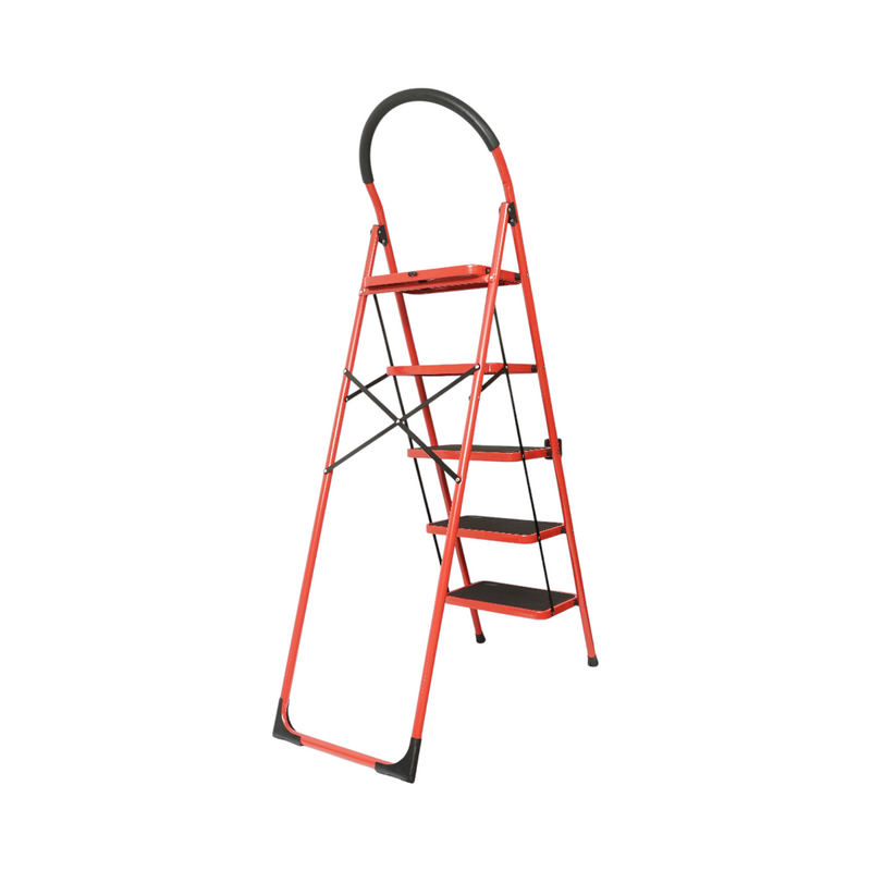 Scala pieghevole in acciaio rosso, 5 gradini antiscivolo, altezza 165 cm, portata massima 150 kg Breckner Germany