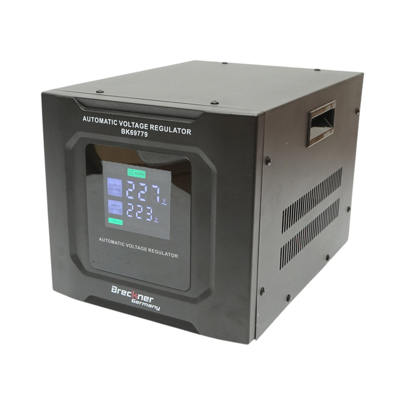 Stabilizzatore di tensione automatico da 5000 VA / 3000 W, 140-250 V CA, con relè monofase, bypass, connessione a morsettiera e display LCD. Breckner Germany