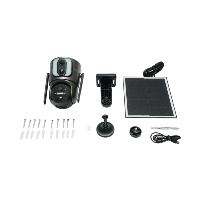 Telecamera di sorveglianza con lente doppia 6 MP, 4G, WIFI 2.4 GHz, pannello solare, batteria da 13.500 mAh, controllo PTZ, sensore di movimento, rilevamento umano PIR, visione notturna IR intelligente e applicazione Ubox