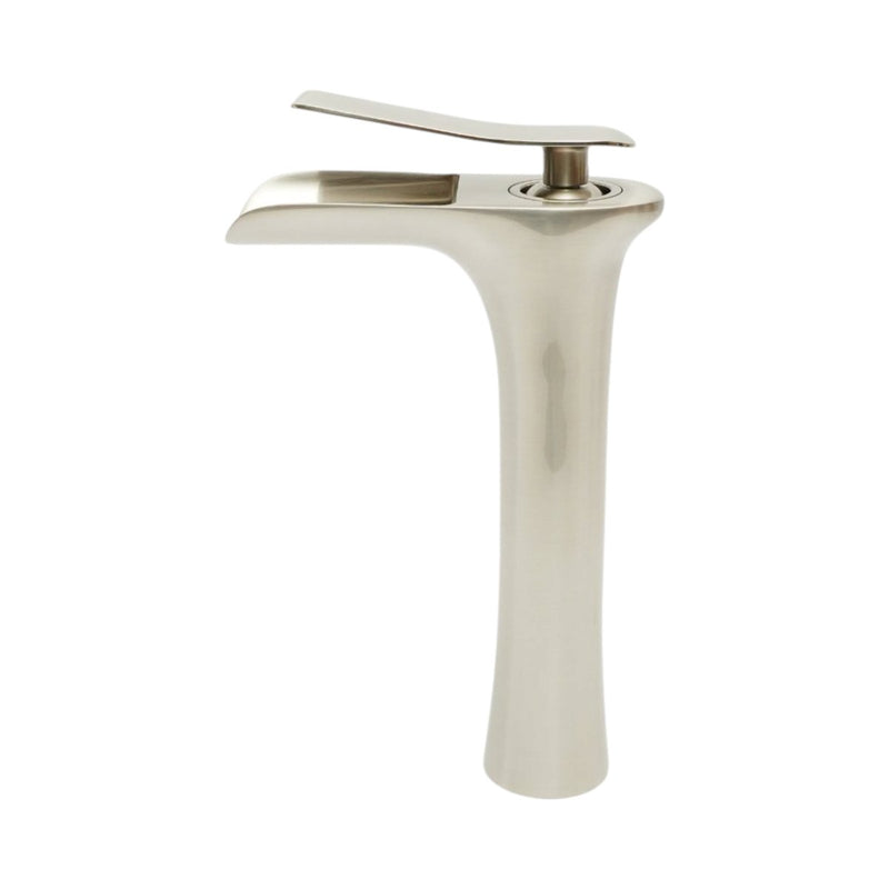 Rubinetto alto di alta qualità per lavabo da bagno in rame, con erogazione a cascata, design rotondo, miscelatore monocomando, finitura argento satinato e flessibili inclusi.