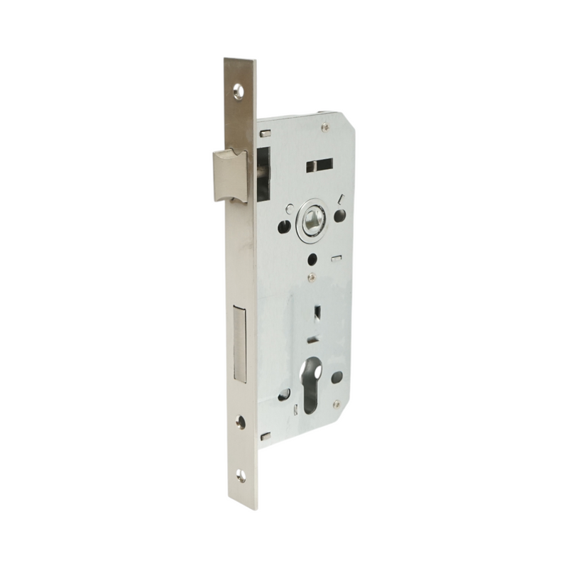 Serratura da infilare con scrocco, 73x177 mm; frontale 23x240 mm; finitura nichel satinato; viti incluse.