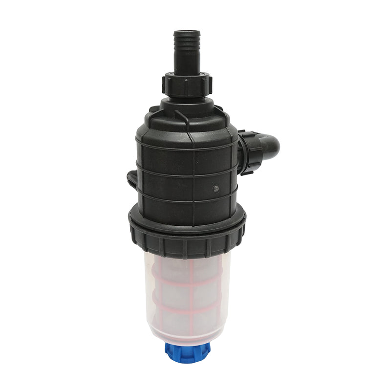 Filtro trasparente per irroratrice con doppia rete e valvola autopulente, attacco da 32 mm.