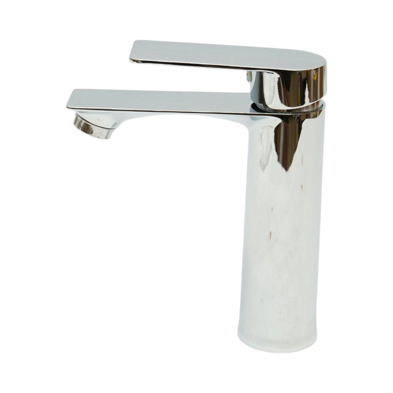 Miscelatore alto e rotondo per lavabo, monocomando, finitura cromata lucida, in lega di zinco, flessibili inclusi