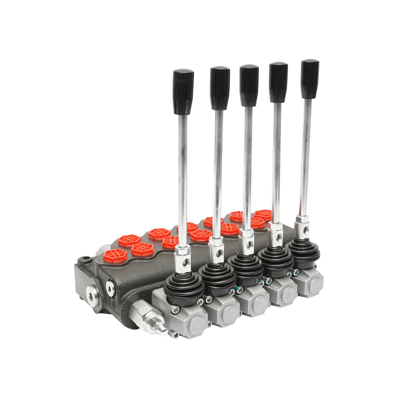 Distributore idraulico a 5 leve, con valvola di sicurezza SD11, portata 80 L/min, leva e riduzione -15/+80. Breckner Germany