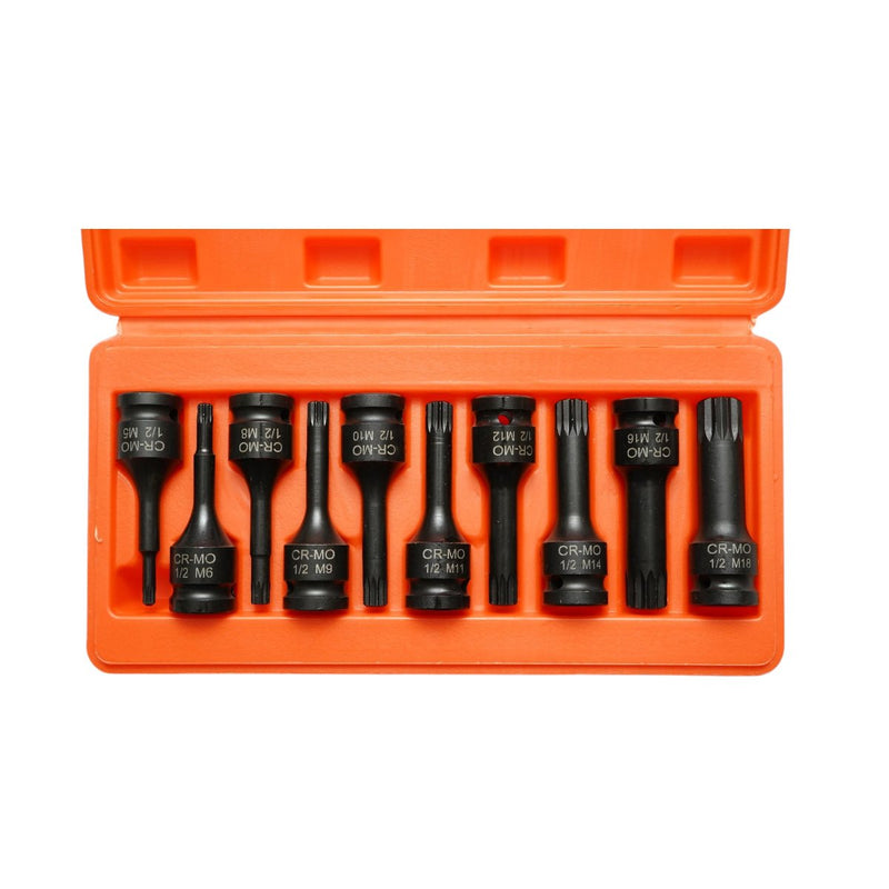 Set di 10 bussole con inserti scanalati XZN (M5–M18), attacco da 1/2", in acciaio Cr-Mo Breckner Germany
