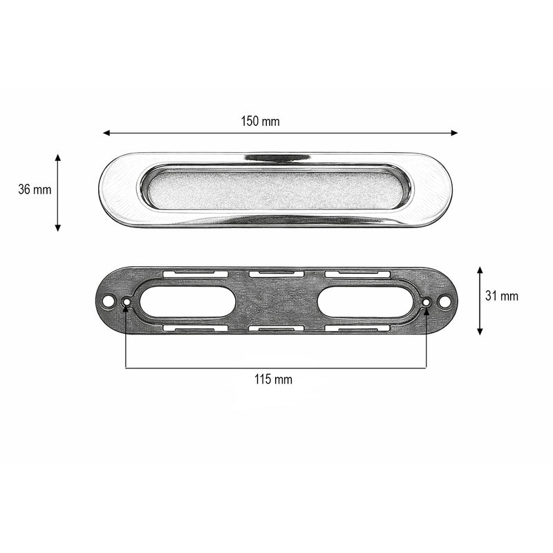 Maniglia a incasso cromata a conchiglia per porta scorrevole 36x150 mm