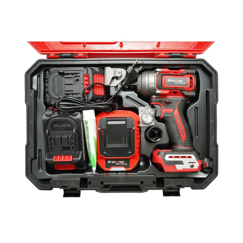 Avvitatore a impulsi da 1/2" e 500 W, due batterie agli ioni di litio da 21 V e 4 Ah, LED, motore brushless, 450 Nm, 0-1800/2400 giri/min Breckner Germany