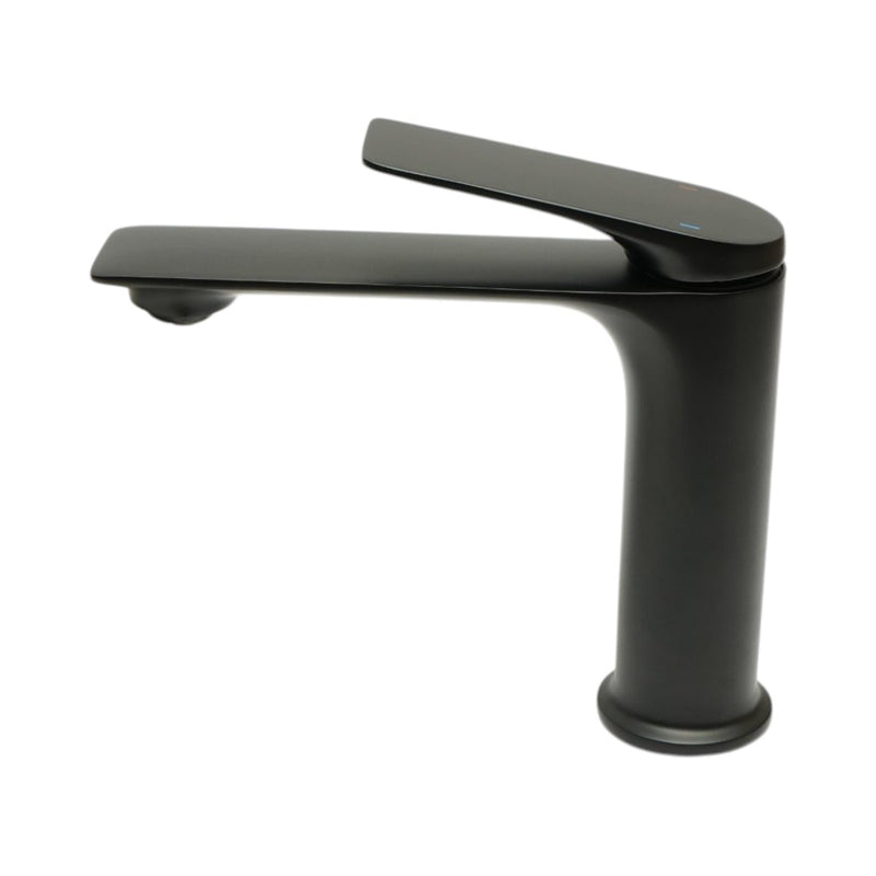 Rubinetto premium in rame per lavabo da bagno, con bocca lunga, design rotondo, monocomando, finitura nero opaco e flessibili inclusi.