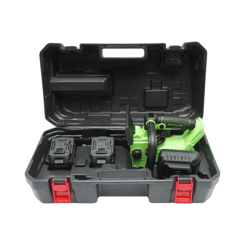 Motosega elettrica professionale con due batterie agli ioni di litio da 20 V e 4 Ah, motore brushless, display digitale a LED e barra da 12 pollici (300 mm). Breckner Germany