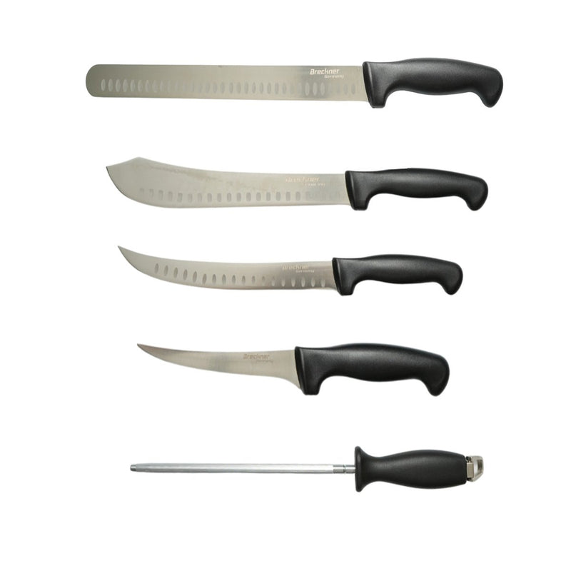 Set professionale di 5 coltelli da macellaio con custodia, lama in acciaio 5Cr15MoV, manico in PP nero Breckner Germany