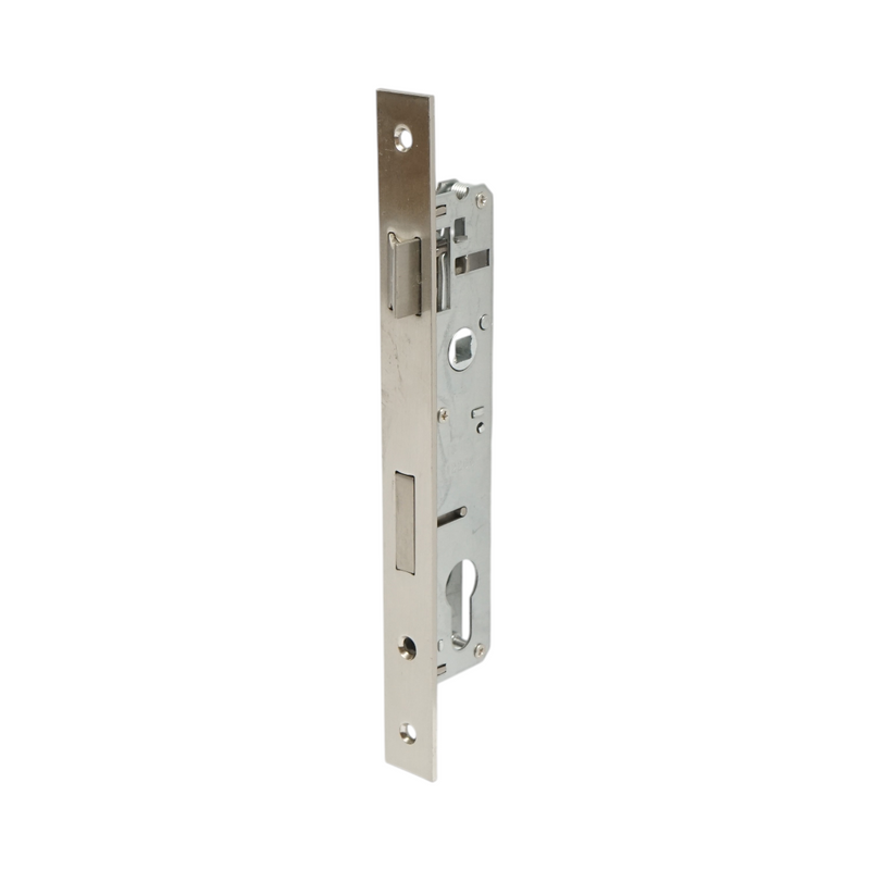 Serratura da infilare con scrocco, scatola 34x174 mm, frontale 23x240 mm, finitura nichel satinato, viti incluse.